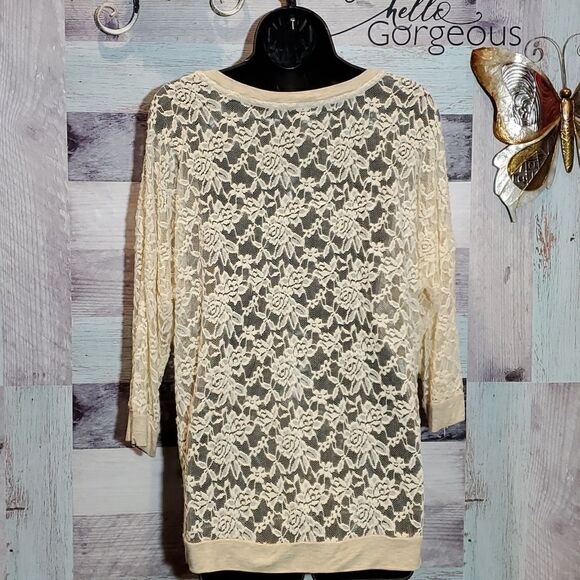 Jolt Sheer Lace Cream Long Sleeve Blouse Patchwork Sz L - Picture 5 of 7